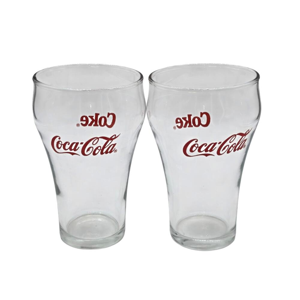 Coca-Cola Indiana Glass Bell Fountain Tumbler 5" Clear Red Cups Set of 2 Vintage